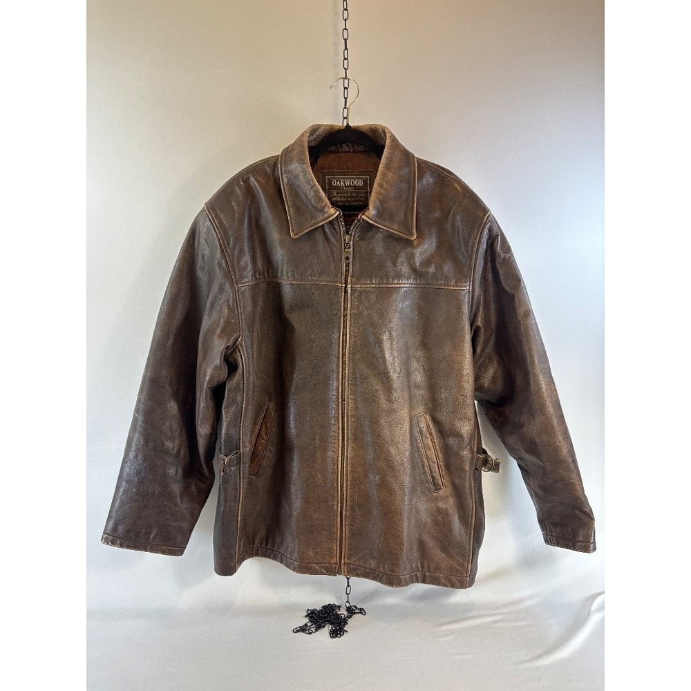 Oakwood Classic Brown Distressed Leather Bomber Jacket XL Thinsulate